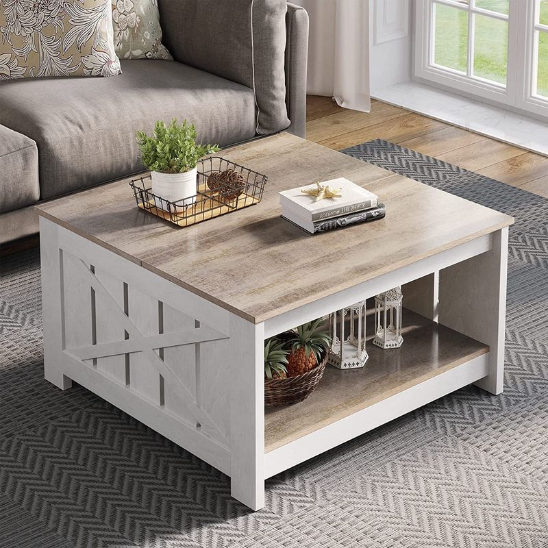 Coffee Table with Storage, Square Wood Modern Rustic Coffee Table for Living Room