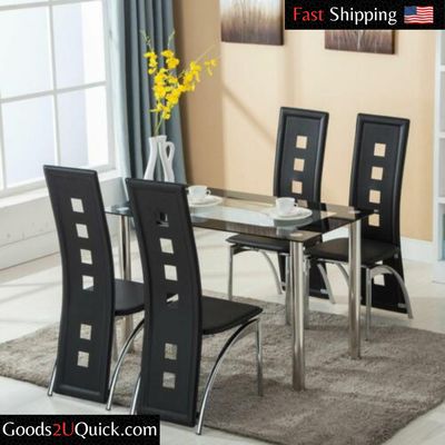 5 Piece Dining Set Glass Top Table and 4 Leather Chair for Kitchen Dining Room