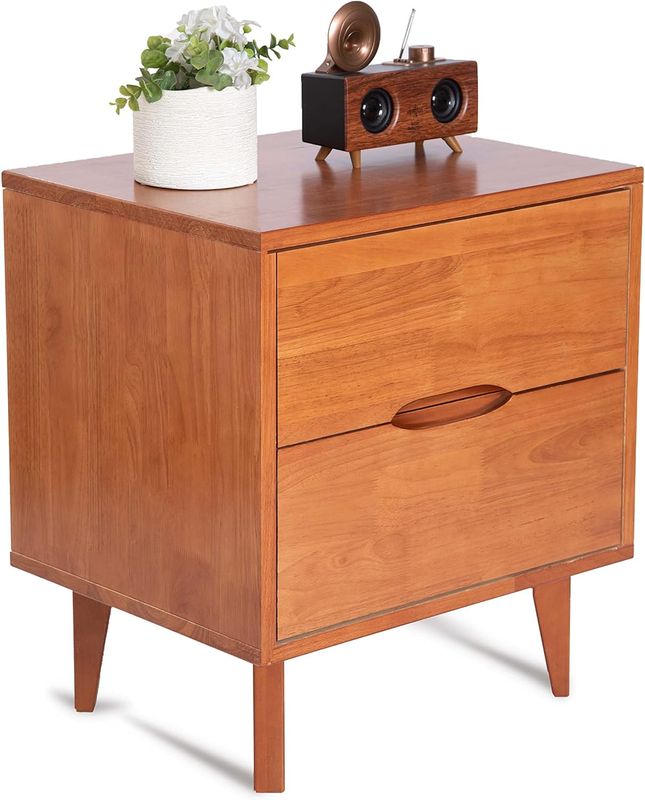 Mid Century Modern Grooved Handle Wood Nightstand , 2 Drawer, Caramel