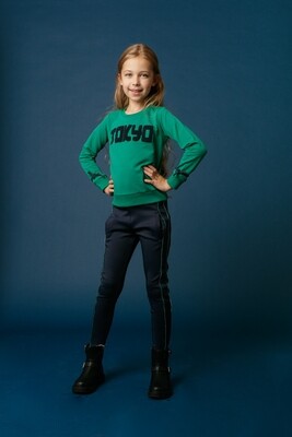 LMJ Donkerblauwe broek met groene glitter strepen LMJ Donkerblauwe broek met groene glitter strepen