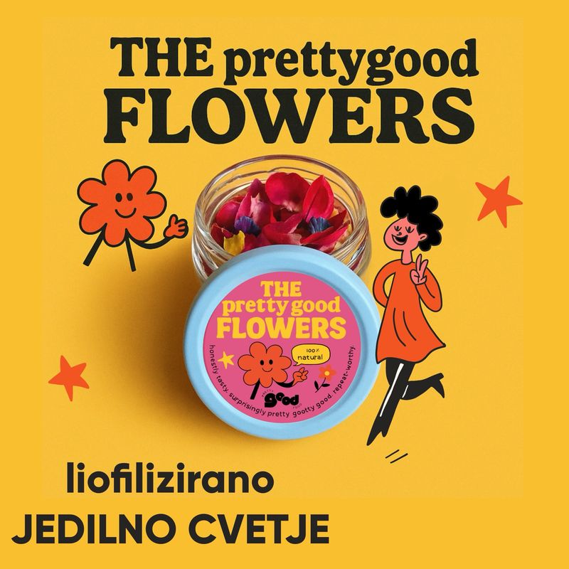 Pretty good flowers, liofilizirano jedilno cvetje pridelano v Sloveniji (vrtnica, figovi listi, mačeha, španski bezeg)