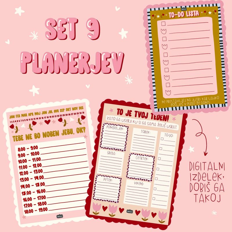 Digitalni komplet 9 motivacijskih planerjev (dnevni, tedenski, mesečni, to-do-ji, zdrave navade, planer obrokov, ...)