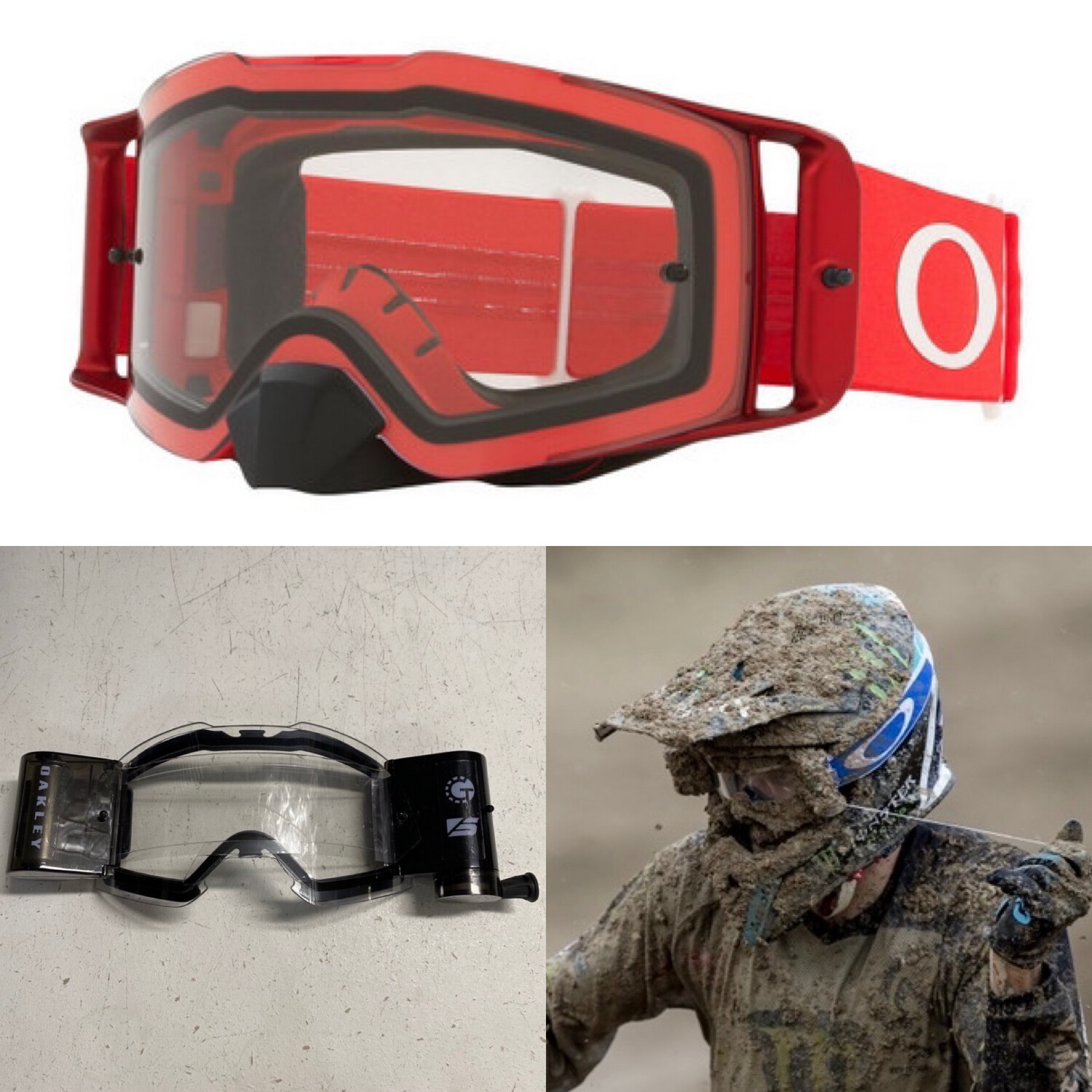 Red Oakley Frontline goggle plus Black Goggletek 48mm roll-off system  (Clear lens)