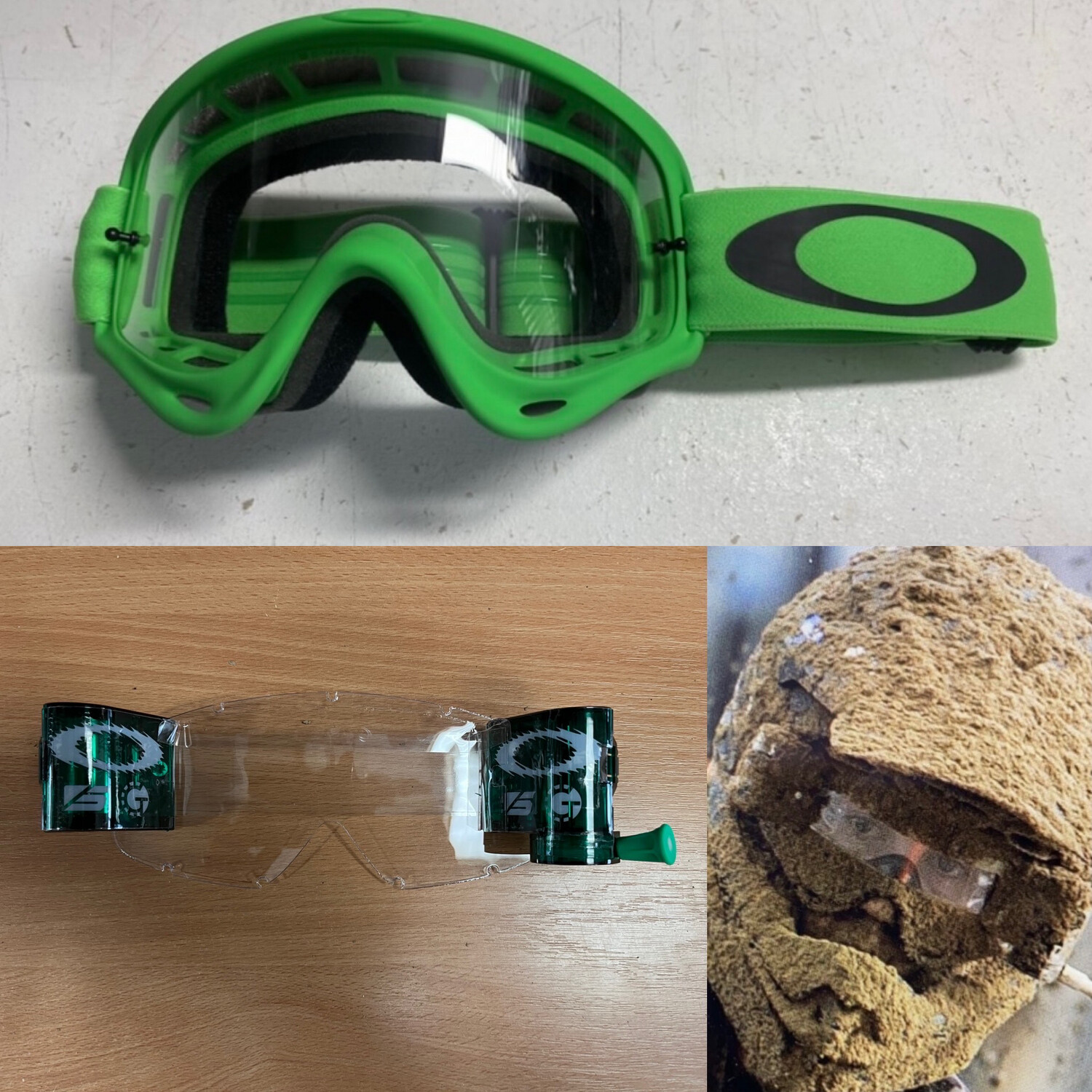 Green Oakley OFrame goggle plus Dark Green Goggletek 36mm roll-off system (Clear lens)