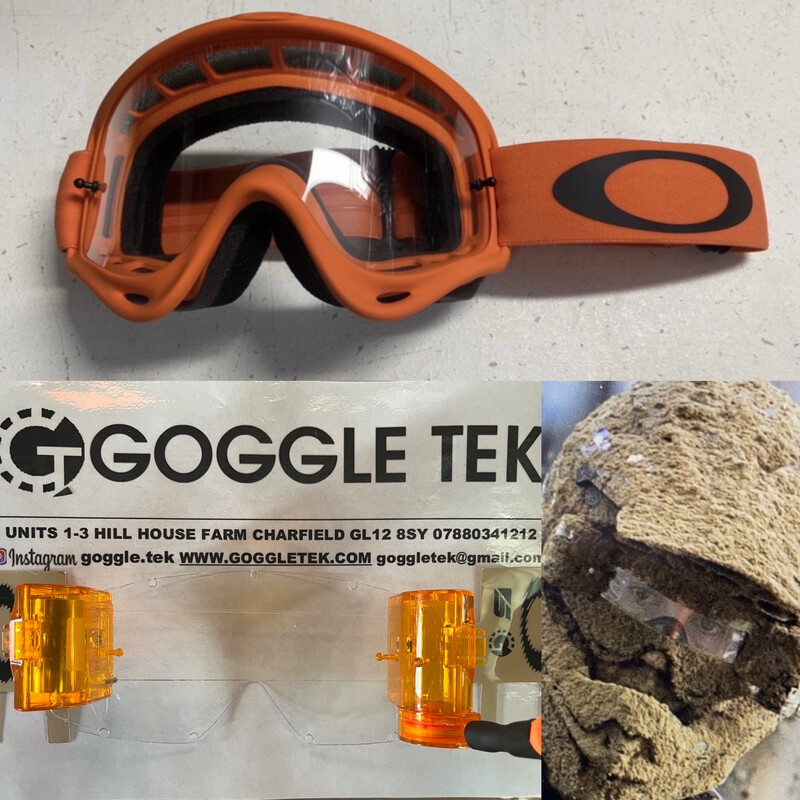 Orange Oakley OFrame goggle plus Orange Long Pull Goggletek 36mm roll off system Clear lens