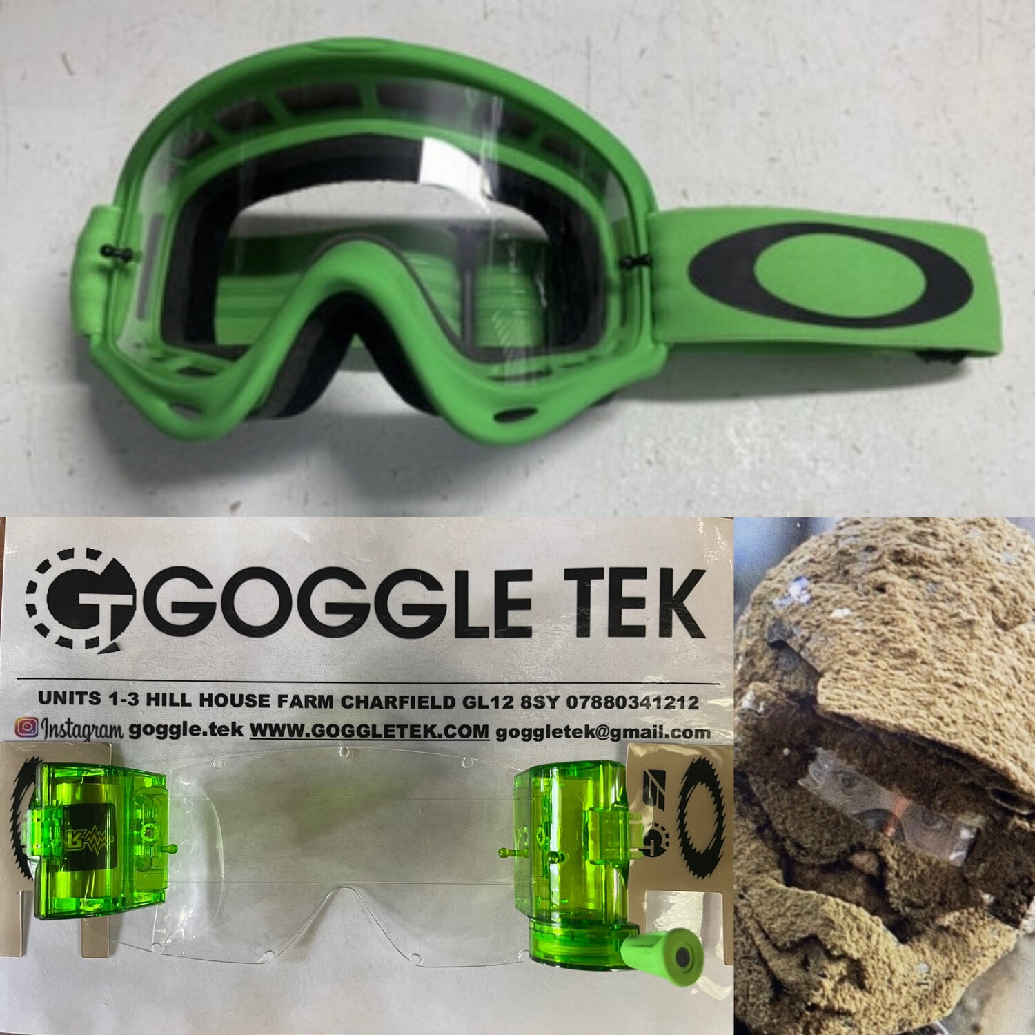 Green Oakley OFrame goggle plus Light Green Goggletek 36mm roll-off system (Clear lens)