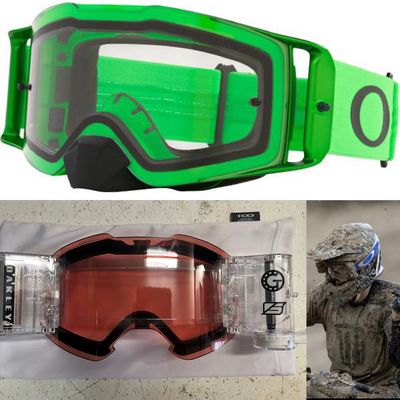 Green Oakley Frontline goggle plus Goggletek 48mm roll-off system (Prizm Bronze lens)