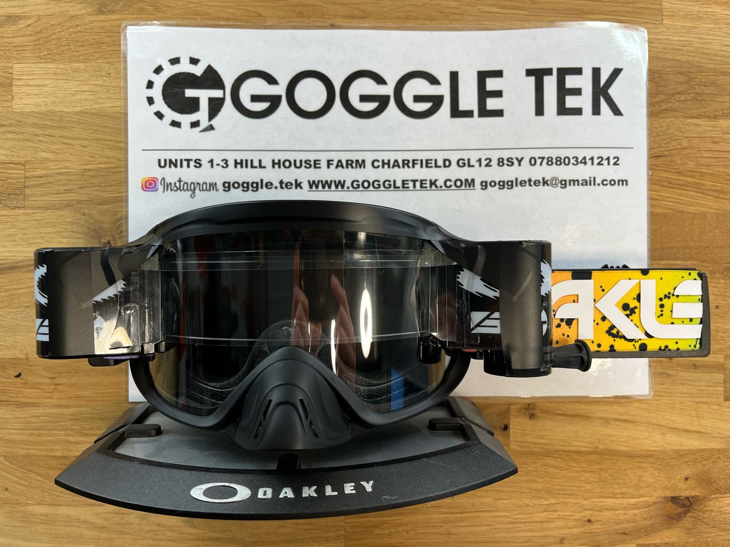 2024 Oakley OFrame 2.0 PRO Black Splatter goggle plus Black Goggletek 36mm roll-off system (clear lens)