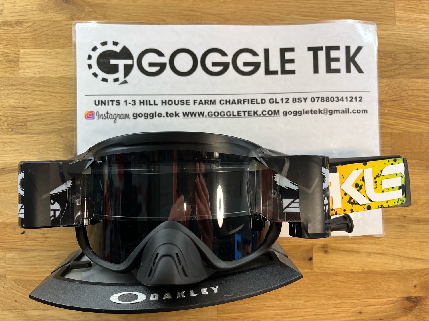 2024 Oakley OFrame 2.0 PRO Black Splatter goggle plus Black Goggletek 36mm roll-off system (smoked lens)