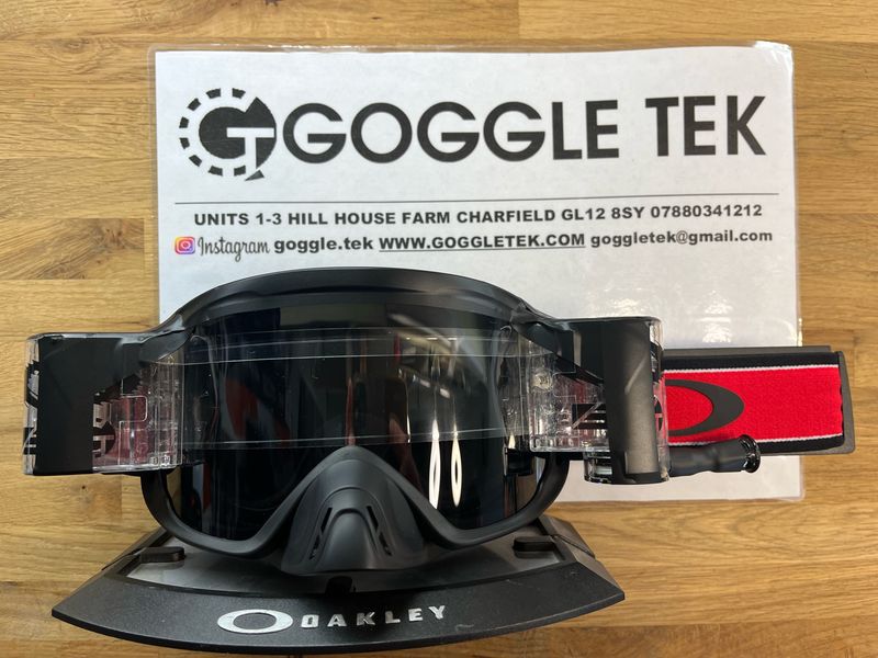 2025 Oakley OFrame 2.0 PRO Red Stripe goggle plus Long Pull Goggletek 36mm roll-off system (smoke lens)
