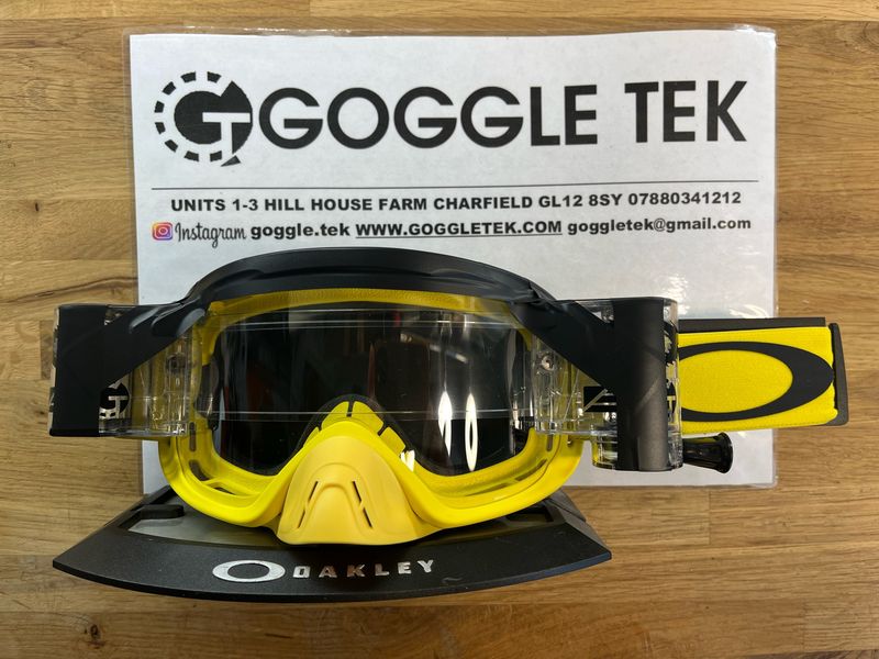 Yellow Oakley OFrame 2.0 PRO goggle plus Goggletek 36mm roll off system (clear lens)
