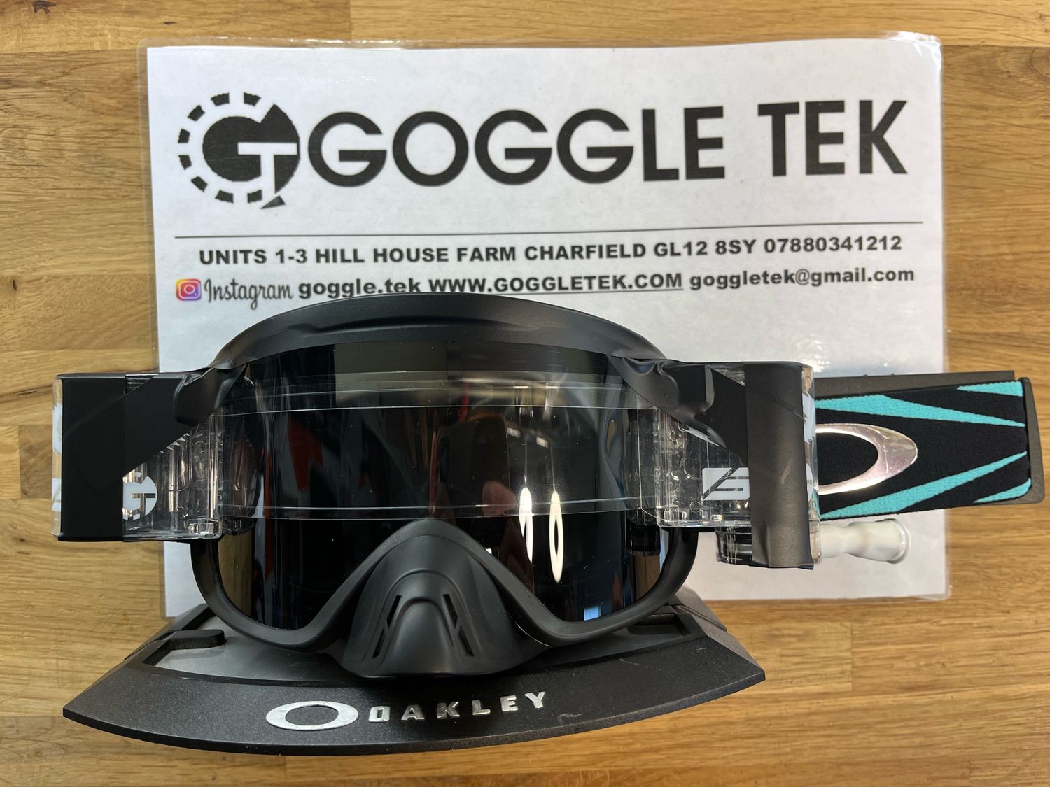 2025 Oakley OFrame 2.0 PRO Black Bullet goggle plus Long Pull Goggletek 36mm roll-off system (smoke lens)