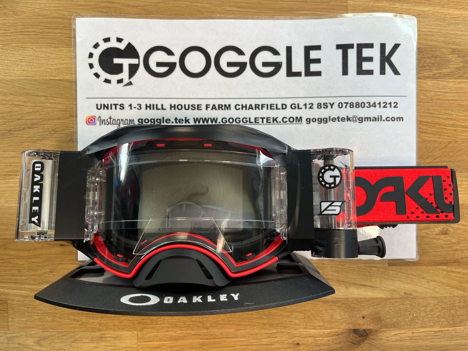 2024 Oakley Airbrake Moto Red Goggle plus Goggletek 48mm roll off system (clear lens)