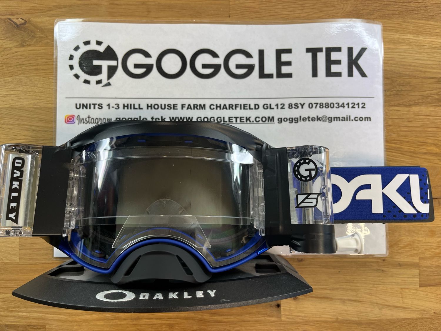 2024 Oakley Airbrake Moto Blue Goggle plus Goggletek 48mm roll off system (clear lens)