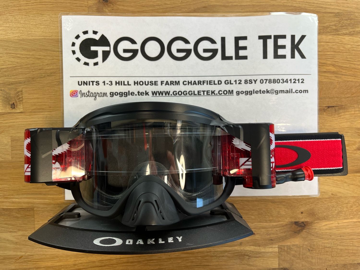 2025 Oakley OFrame 2.0 PRO Red Stripe goggle plus Long Pull Red Goggletek 36mm roll-off system (clear lens)