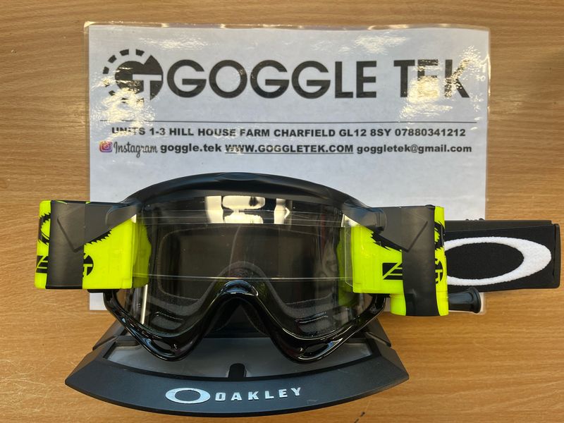 2024 Black Oakley OFrame goggle plus Flo Yellow Goggletek 36mm roll-off system (Clear lens)
