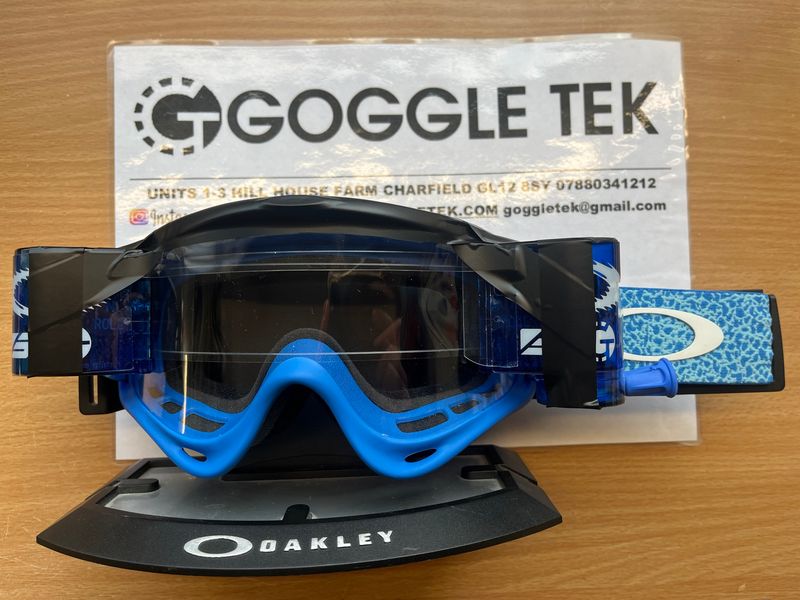 2025 Oakley OFrame Sexton Blue Crackle goggle plus Blue Goggletek 36mm roll-off system (clear lens)