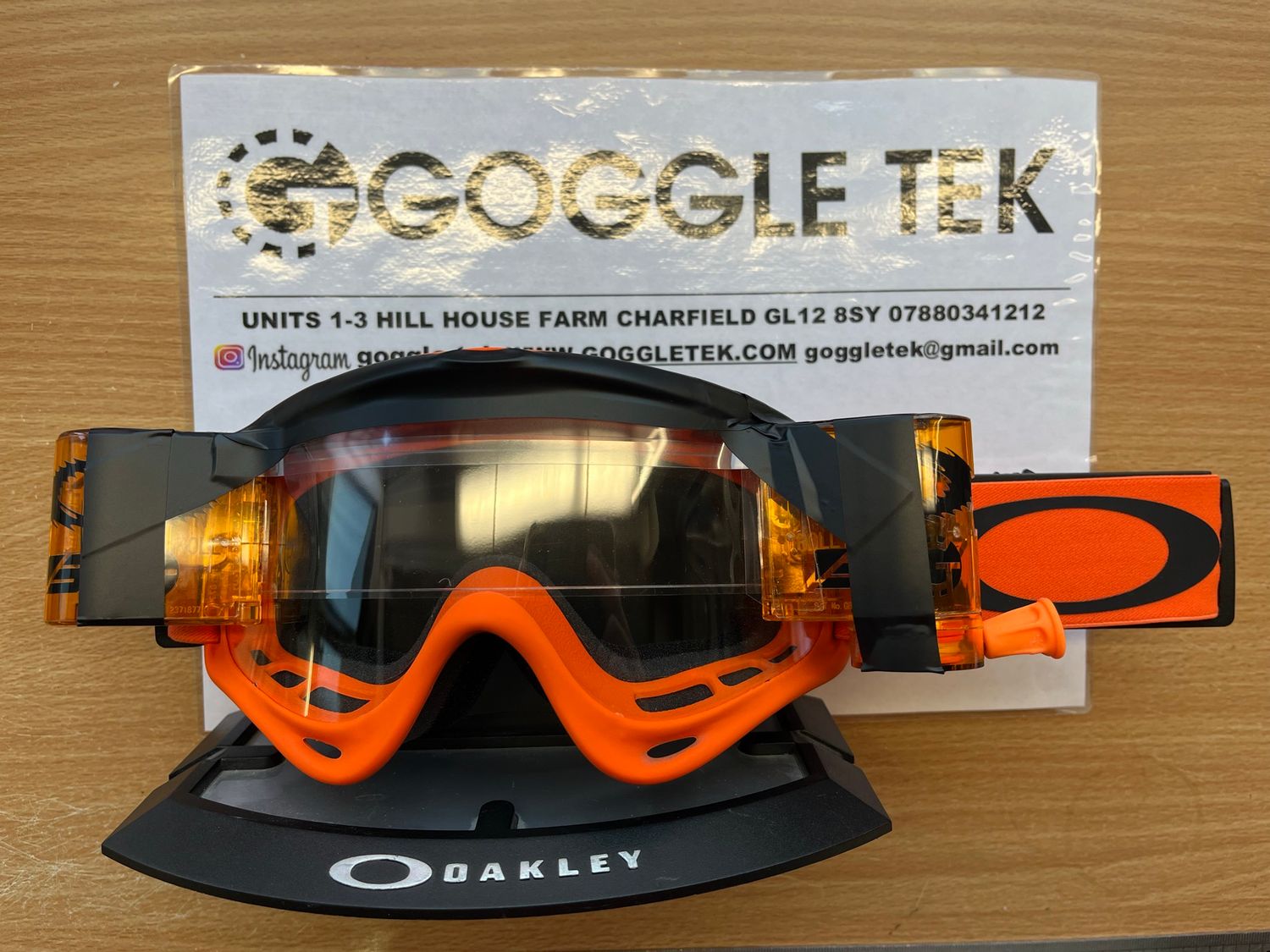 2024 Moto Orange Oakley OFrame goggle plus Orange Goggletek 36mm roll-off system (Clear lens)