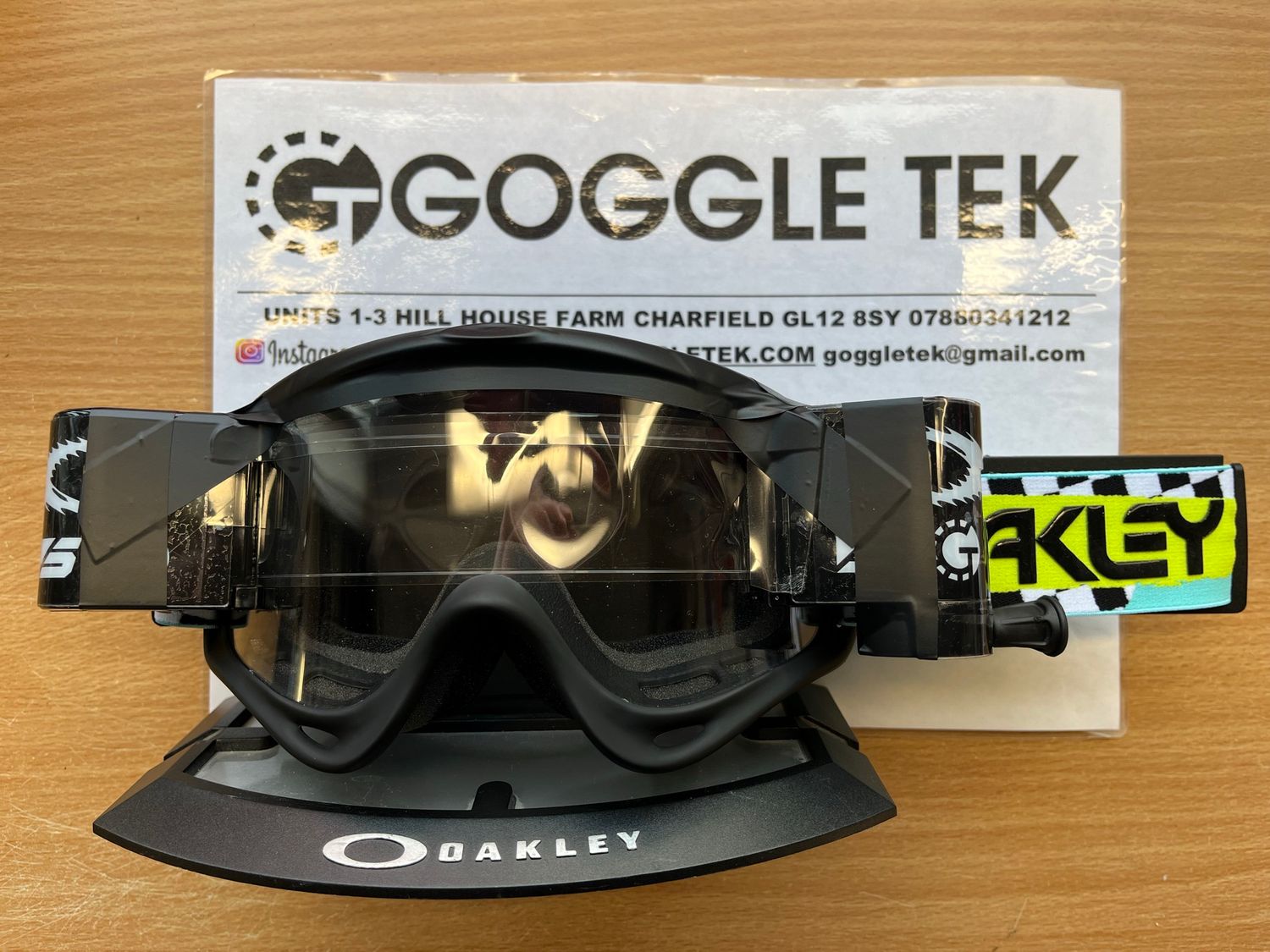 2025 Oakley Herlings Teal Checks OFrame goggle plus Black Goggletek 36mm roll-off system (Clear lens)
