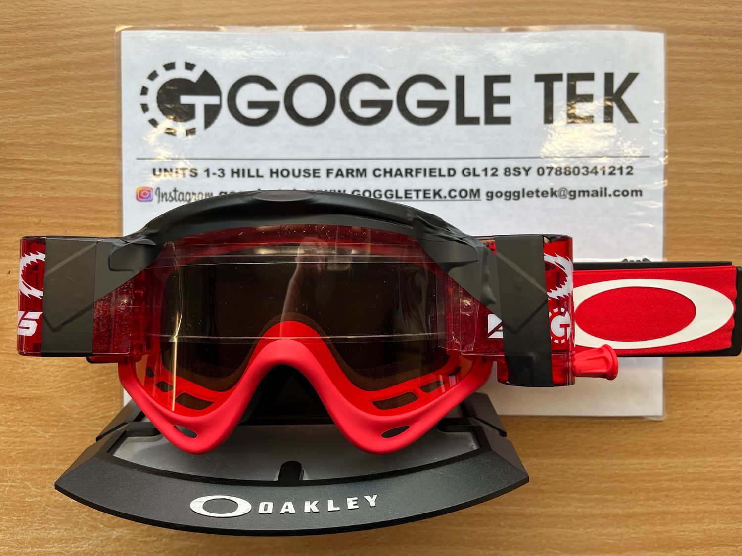 2024 Moto Red Oakley OFrame goggle plus Red Goggletek 36mm roll-off system (red lens)