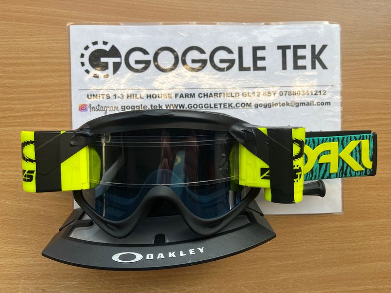 2025 Oakley Celeste Bengal OFrame goggle plus Flo Yellow Goggletek 36mm roll-off system (blue lens)
