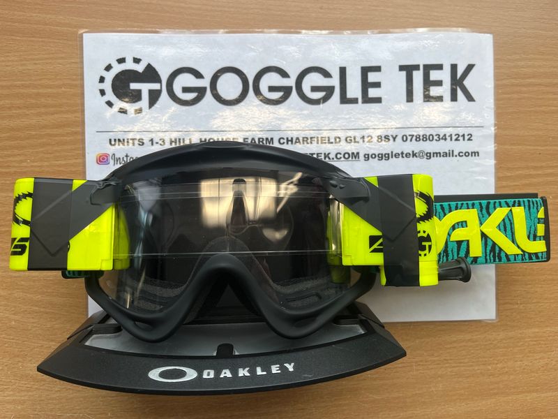 2025 Oakley Celeste Bengal OFrame goggle plus Flo Yellow Goggletek 36mm roll-off system (clear lens)