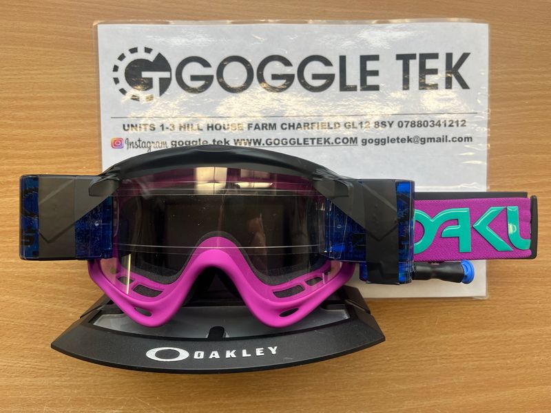 2025 Oakley Celeste Purple OFrame goggle plus Blue Long Pull Goggletek 36mm roll-off system (Clear lens)