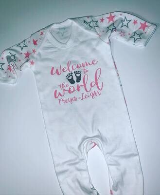 Welcome to the World Romper (pink &amp; Grey) Stars