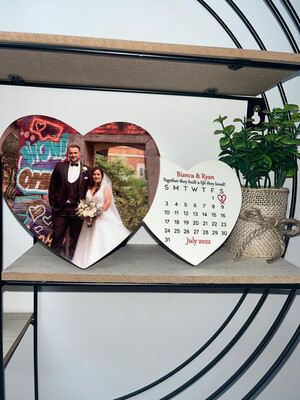 Double Wooden Heart Block: Personalised Photo &amp; Date