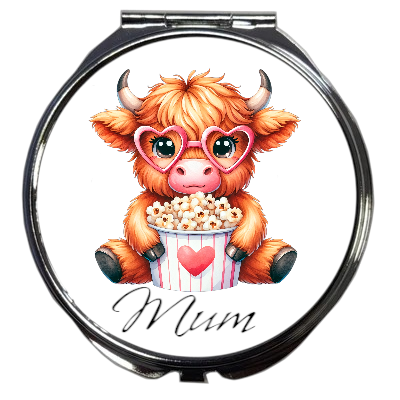 Personalised Compact Mirror: Popcorn Highland Cow Heart