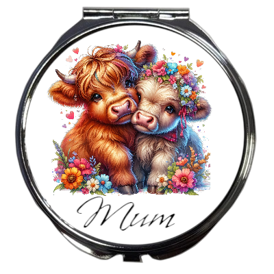 Personalised Compact Mirror: Floral Highland Cow Duo