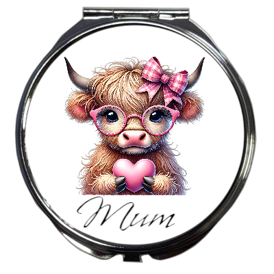 Personalised Compact Mirror: Highland Cow Heart &amp; Bow