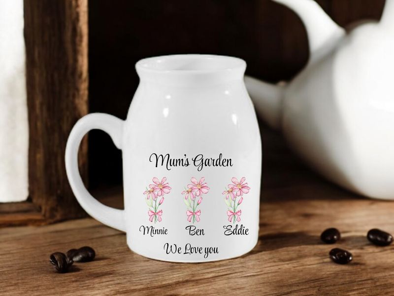 Personalised Milk Jug, Pink Floral Design: Add Up To 6 Names
