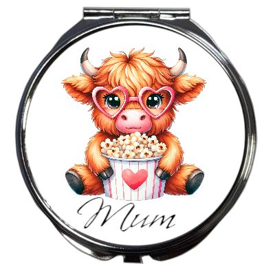 Personalised Compact Mirror: Popcorn Highland Cow Heart