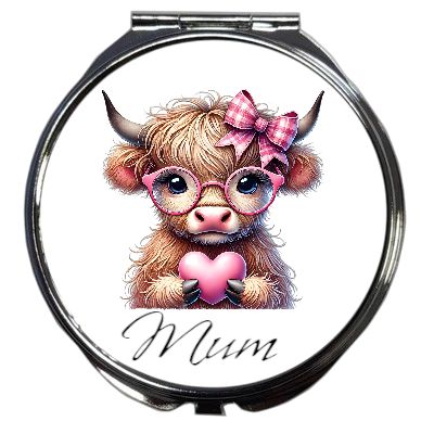 Personalised Compact Mirror: Highland Cow Heart &amp; Bow