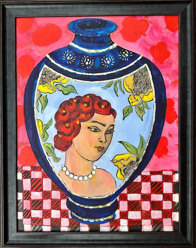 An original Painting - Satsuma Vase with Yellow Peonies