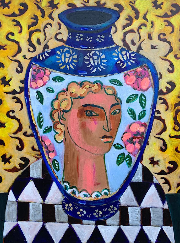 An original painting - Satsuma vase and patterned table display