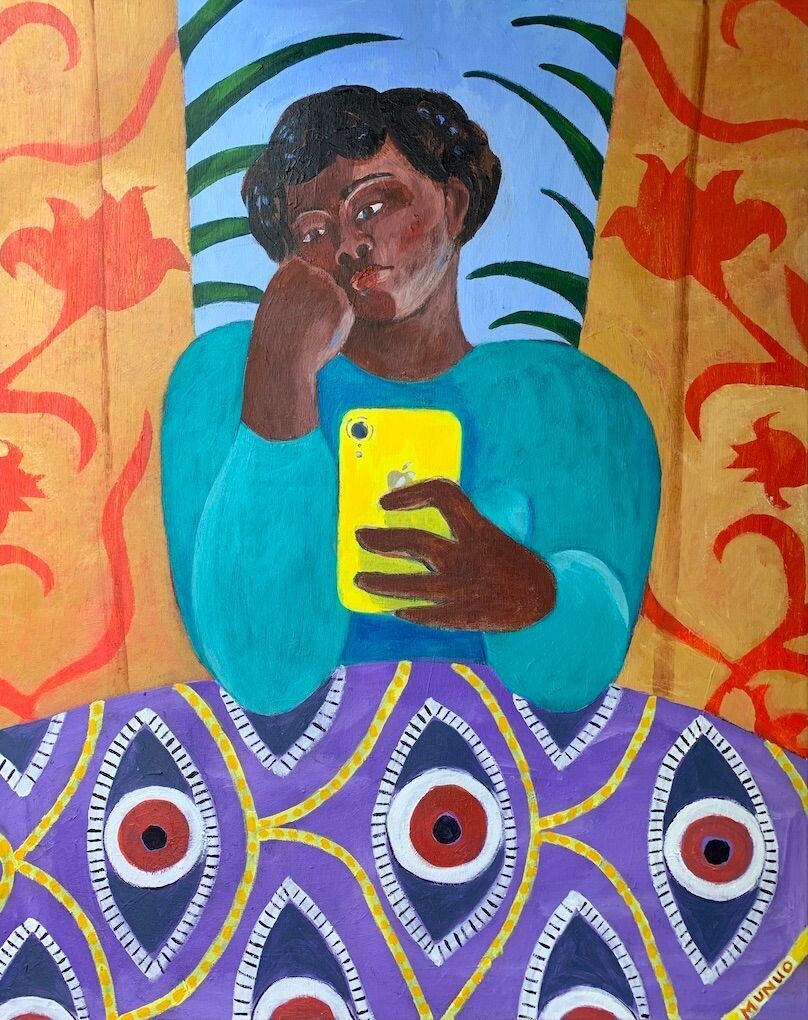 An original painting "Reading 1984 on i-phone"