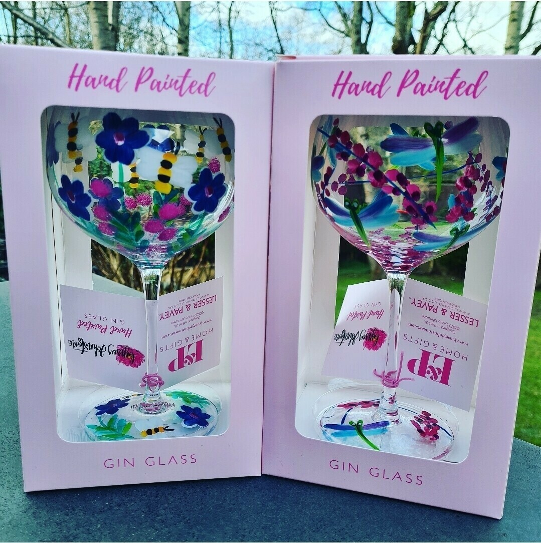 Handpainted gin glass bee &amp; purple flowers 