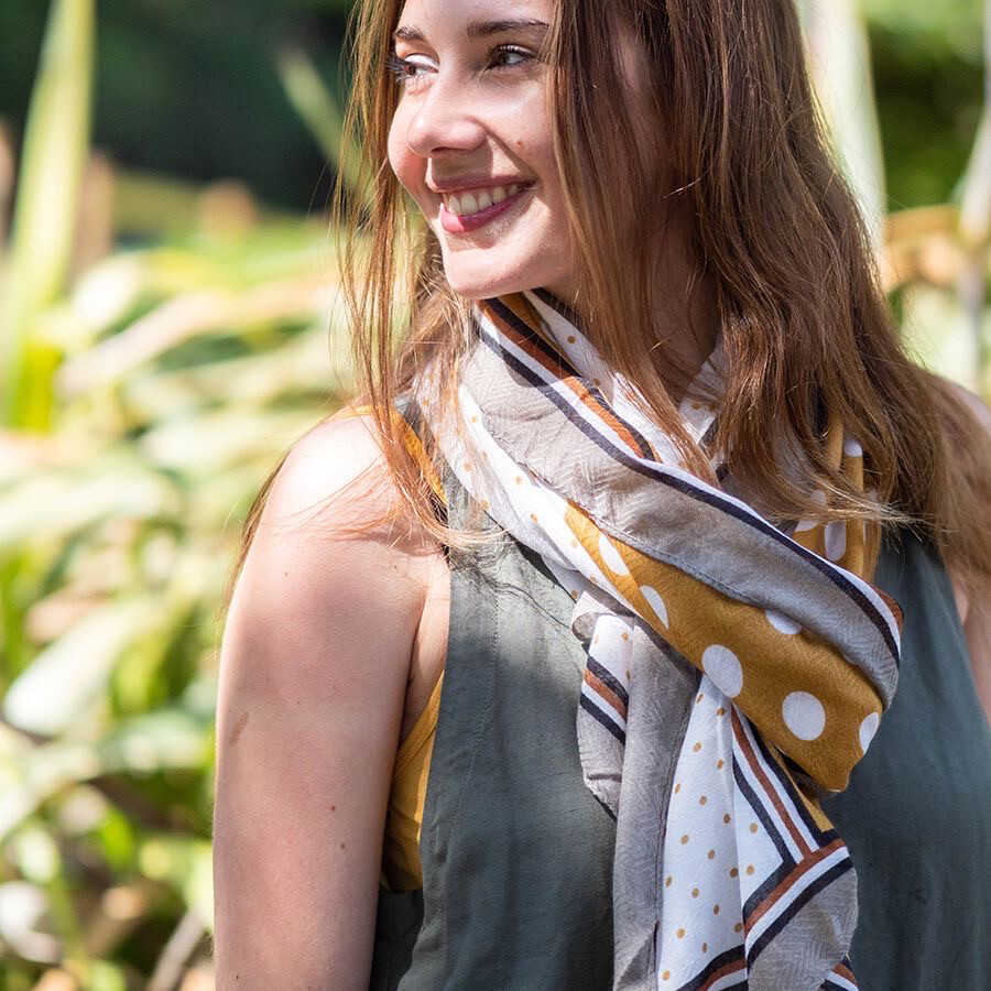 Mustard dotty print scarf with border