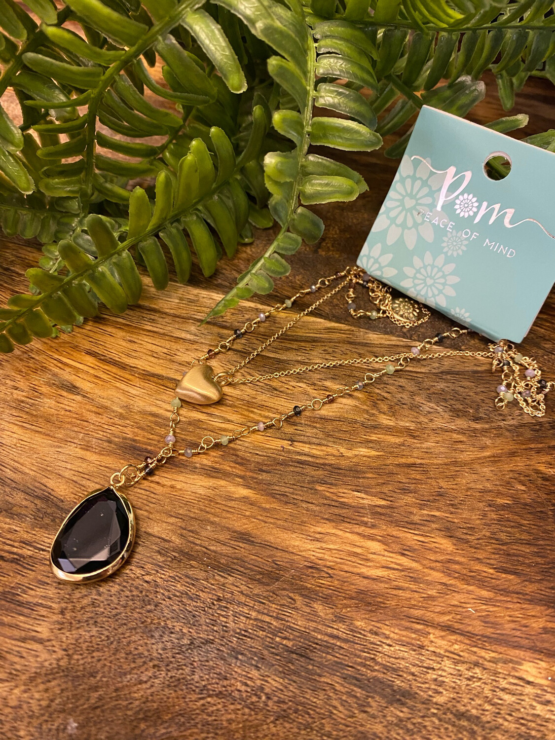 Golden Double Strand Heart and Blue Crystal Necklace By POM