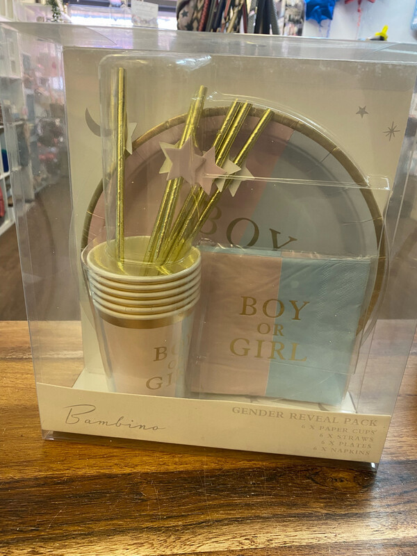 Set Of 6 Gender Reveal Cups, Plate Napkin And Straw