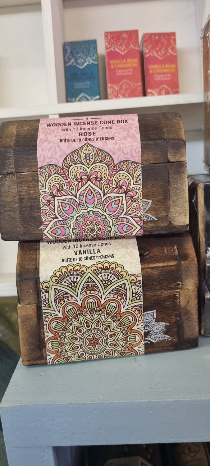 Wooden incense cone box including 10 cones