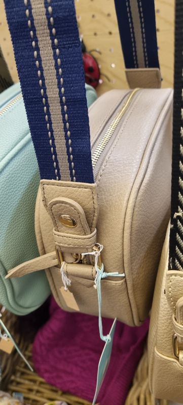 Crean &amp; navy Vegan Leather Striped Strap Camera Bag With Adjustable / Changeable Strap