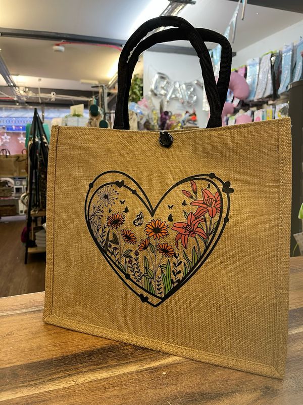 Hearts And Flowers Hessian Bag