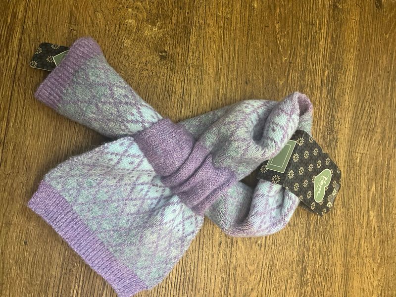 Knitted Scandi Pattered Shirt Pull Through Scarf Lilac And Grey