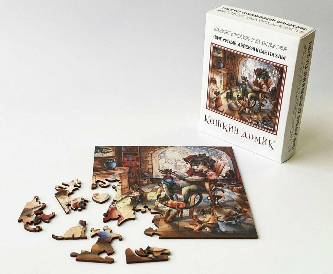 Фигурный деревянный пазл "Кошкин домик"
