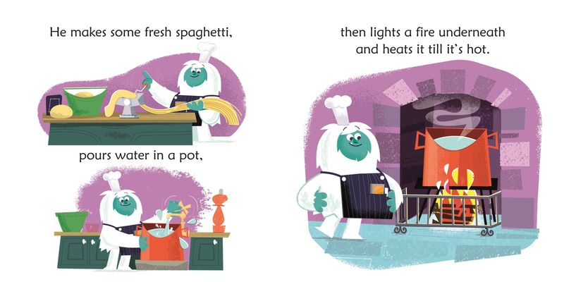 Yeti cooks spaghetti