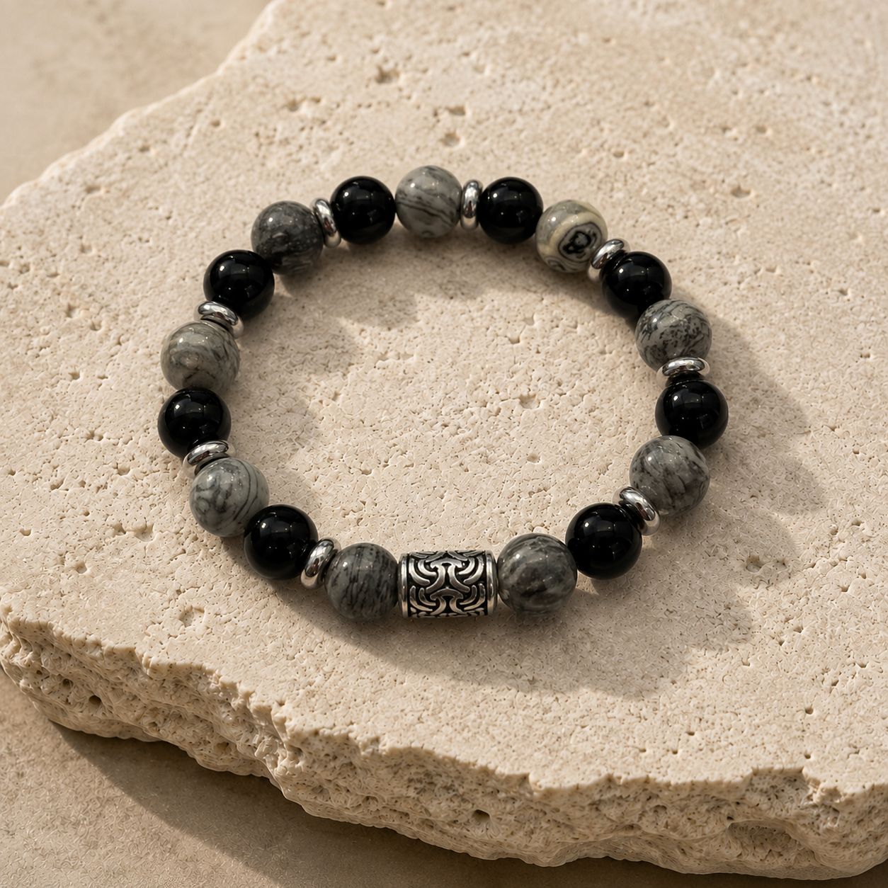 Herrenarmband — Grauer Jaspis und Schwarzer Onyx