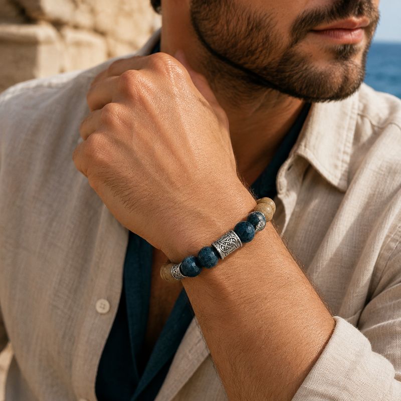 Men’s Bracelet — Blue Apatite and Champagne Druzy Quartz
